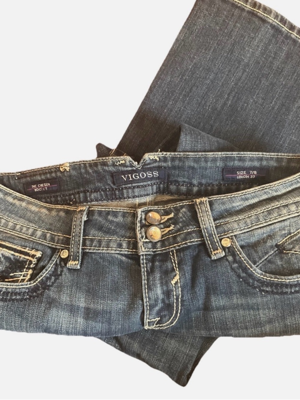 Vigoss Chelsea Bootcut Women’s Jeans Size 7/8 Length 33 Embroidered Rhinestones - Picture 4 of 7